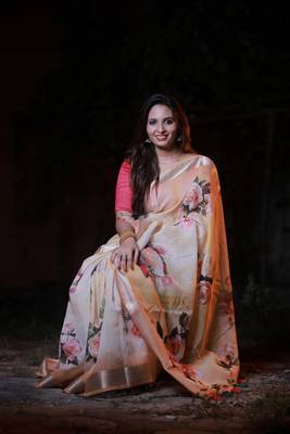 Digital Print Zari Cotton Lilen  Saree With Multicolored Cotton Tussle At Pallu 3