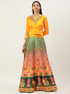Bandhni Patola Type Digital Print Shiney Satin Croptop Lehenga Choli With Unstitched Blouse For Women and Girls 1