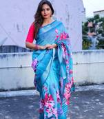 Digital Print Zari Cotton Lilen  Saree With Multicolored Cotton Tussle At Pallu