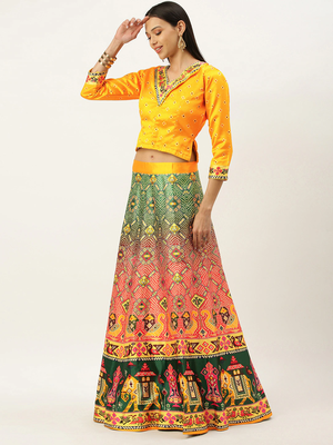 Bandhni Patola Type Digital Print Shiney Satin Croptop Lehenga Choli With Unstitched Blouse For Women and Girls 2