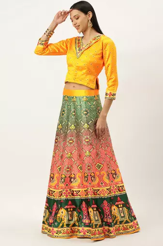 Bandhni Patola Type Digital Print Shiney Satin Croptop Lehenga Choli With Unstitched Blouse For Women and Girls