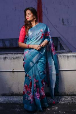 Digital Print Zari Cotton Lilen  Saree With Multicolored Cotton Tussle At Pallu 3