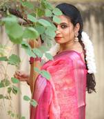 Digital print zari cotton lilen  saree with multicolored cotton tussle at pallu