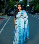 Digital Print Zari Cotton Lilen  Saree With Multicolored Cotton Tussle At Pallu