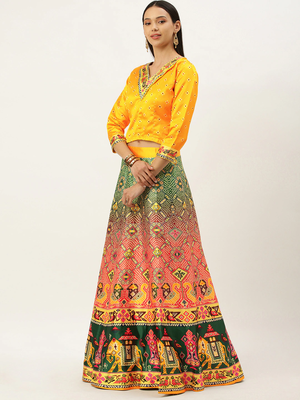 Bandhni Patola Type Digital Print Shiney Satin Croptop Lehenga Choli With Unstitched Blouse For Women and Girls 3