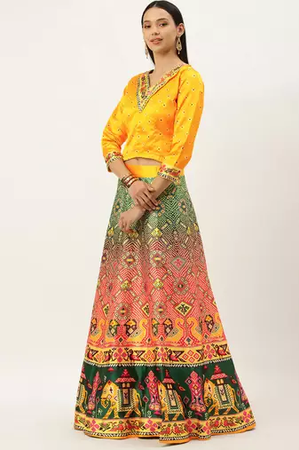 Bandhni Patola Type Digital Print Shiney Satin Croptop Lehenga Choli With Unstitched Blouse For Women and Girls