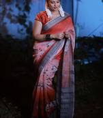 Digital Print Zari Cotton Lilen  Saree With Multicolored Cotton Tussle At Pallu