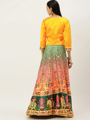 Bandhni Patola Type Digital Print Shiney Satin Croptop Lehenga Choli With Unstitched Blouse For Women and Girls 4
