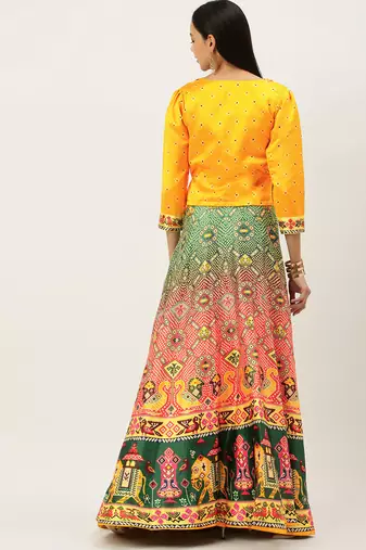 Bandhni Patola Type Digital Print Shiney Satin Croptop Lehenga Choli With Unstitched Blouse For Women and Girls