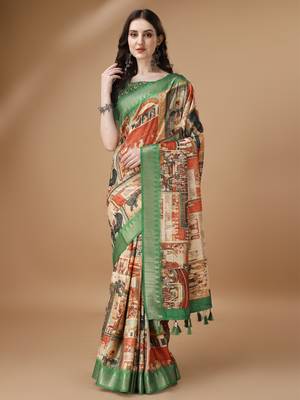 Digital Print Zari Tussur Silk  Saree With Multicolored Cotton Tussle At Pallu 1