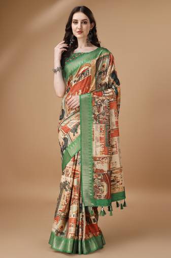 Digital Print Zari Tussur Silk  Saree With Multicolored Cotton Tussle At Pallu