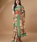 Digital Print Zari Tussur Silk  Saree With Multicolored Cotton Tussle At Pallu