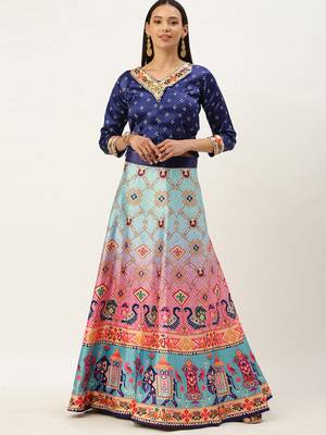 Bandhni Patola Type Digital Print Shiney Satin Croptop Lehenga Choli With Unstitched Blouse For Women and Girls 1