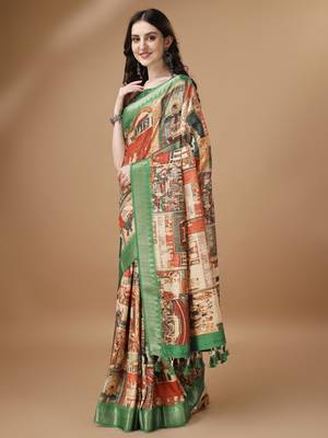 Digital Print Zari Tussur Silk  Saree With Multicolored Cotton Tussle At Pallu 2