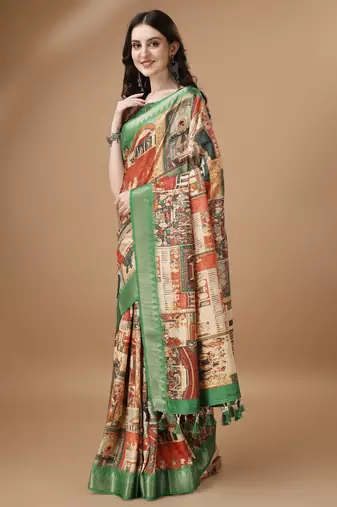 Digital Print Zari Tussur Silk  Saree With Multicolored Cotton Tussle At Pallu