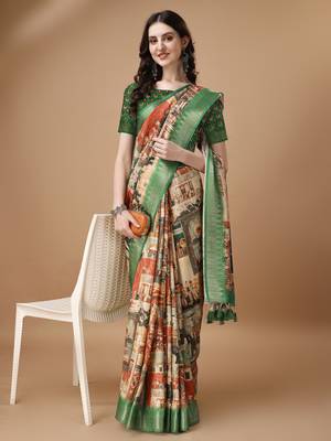 Digital Print Zari Tussur Silk  Saree With Multicolored Cotton Tussle At Pallu 3