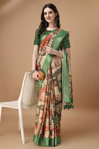 Digital Print Zari Tussur Silk  Saree With Multicolored Cotton Tussle At Pallu