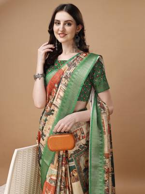 Digital Print Zari Tussur Silk  Saree With Multicolored Cotton Tussle At Pallu 4