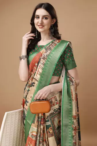 Digital Print Zari Tussur Silk  Saree With Multicolored Cotton Tussle At Pallu