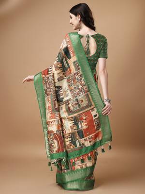 Digital Print Zari Tussur Silk  Saree With Multicolored Cotton Tussle At Pallu 5