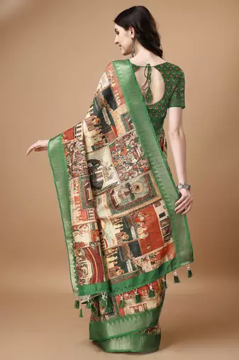 Digital Print Zari Tussur Silk  Saree With Multicolored Cotton Tussle At Pallu
