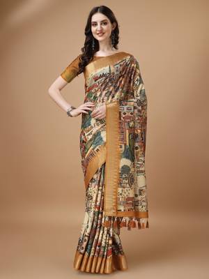 Digital Print Zari Tussur Silk  Saree With Multicolored Cotton Tussle At Pallu 1