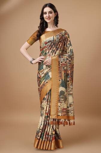 Digital Print Zari Tussur Silk  Saree With Multicolored Cotton Tussle At Pallu