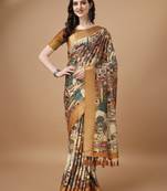 Digital Print Zari Tussur Silk  Saree With Multicolored Cotton Tussle At Pallu