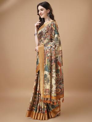 Digital Print Zari Tussur Silk  Saree With Multicolored Cotton Tussle At Pallu 2