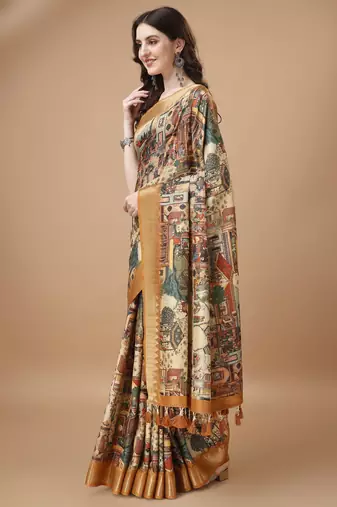 Digital Print Zari Tussur Silk  Saree With Multicolored Cotton Tussle At Pallu
