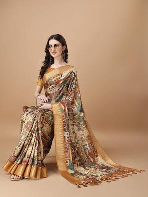 Digital Print Zari Tussur Silk  Saree With Multicolored Cotton Tussle At Pallu 3