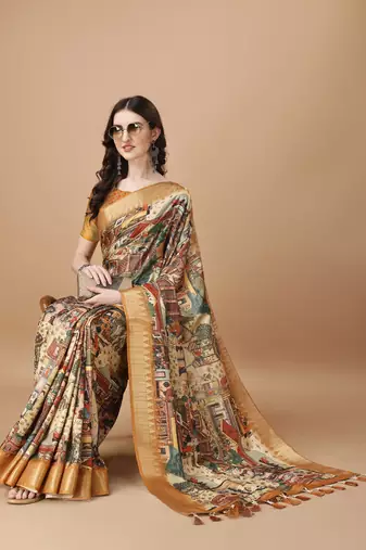 Digital Print Zari Tussur Silk  Saree With Multicolored Cotton Tussle At Pallu