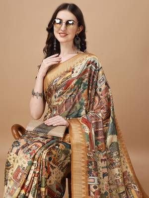 Digital Print Zari Tussur Silk  Saree With Multicolored Cotton Tussle At Pallu 4