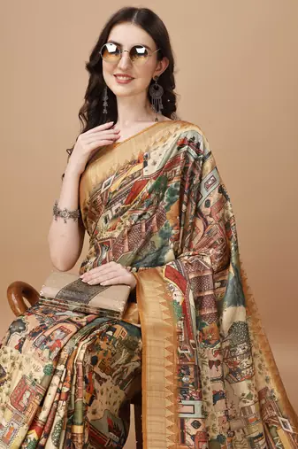 Digital Print Zari Tussur Silk  Saree With Multicolored Cotton Tussle At Pallu