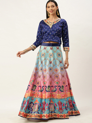 Bandhni Patola Type Digital Print Shiney Satin Croptop Lehenga Choli With Unstitched Blouse For Women and Girls 2