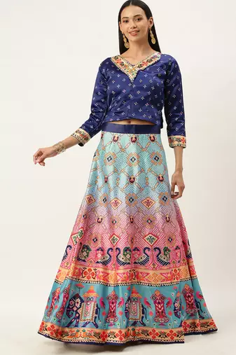 Bandhni Patola Type Digital Print Shiney Satin Croptop Lehenga Choli With Unstitched Blouse For Women and Girls
