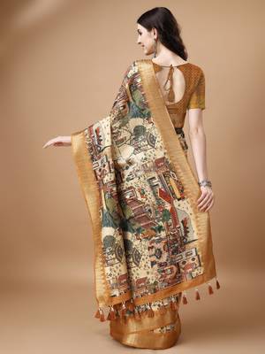 Digital Print Zari Tussur Silk  Saree With Multicolored Cotton Tussle At Pallu 5