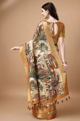 Digital Print Zari Tussur Silk  Saree With Multicolored Cotton Tussle At Pallu