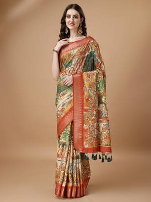 Digital Print Zari Tussar Silk  Saree With Multicolored Cotton Tussle At Pallu 1