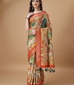 Digital Print Zari Tussar Silk  Saree With Multicolored Cotton Tussle At Pallu