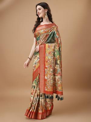 Digital Print Zari Tussar Silk  Saree With Multicolored Cotton Tussle At Pallu 2