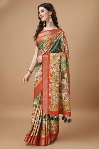 Digital Print Zari Tussar Silk  Saree With Multicolored Cotton Tussle At Pallu