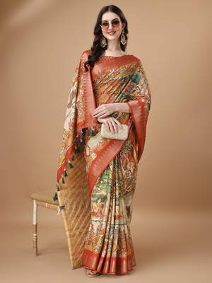 Digital Print Zari Tussar Silk  Saree With Multicolored Cotton Tussle At Pallu 3