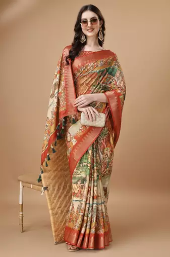 Digital Print Zari Tussar Silk  Saree With Multicolored Cotton Tussle At Pallu