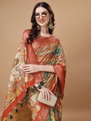 Digital Print Zari Tussar Silk  Saree With Multicolored Cotton Tussle At Pallu 4