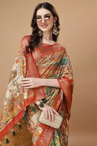 Digital Print Zari Tussar Silk  Saree With Multicolored Cotton Tussle At Pallu