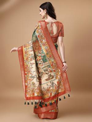 Digital Print Zari Tussar Silk  Saree With Multicolored Cotton Tussle At Pallu 5