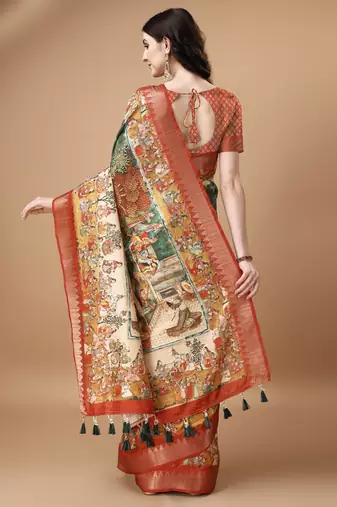 Digital Print Zari Tussar Silk  Saree With Multicolored Cotton Tussle At Pallu