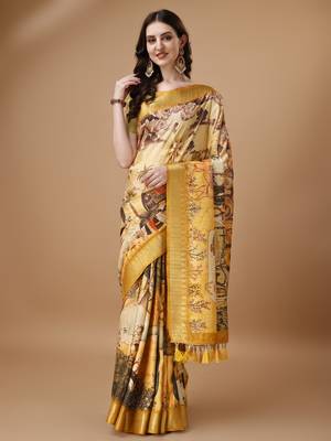 Digital Print Zari Tussur Silk  Saree With Multicolored Cotton Tussle At Pallu 1