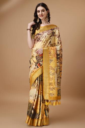 Digital Print Zari Tussur Silk  Saree With Multicolored Cotton Tussle At Pallu